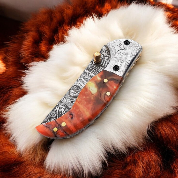 Handmade Damascus Pocket Knife – Epoxy Resin Handle Damascus Knife Store