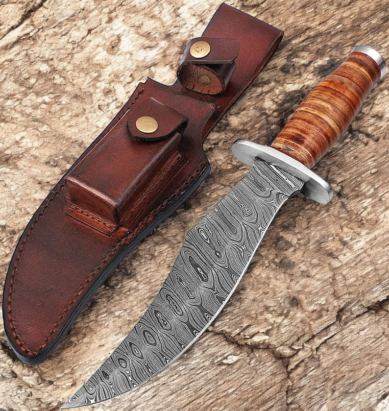 Handmade Damascus Steel Bowie Knife with Leather Handle Damascus Knife Store