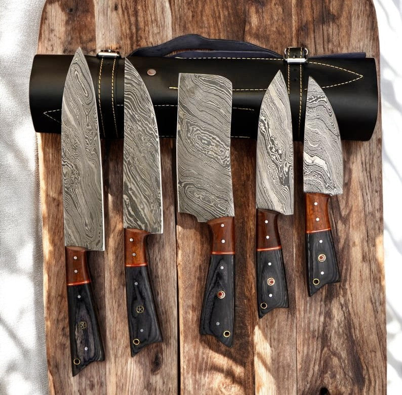 Handmade Damascus Kitchen Knives Set with Leather Roll Damascus Knife Store