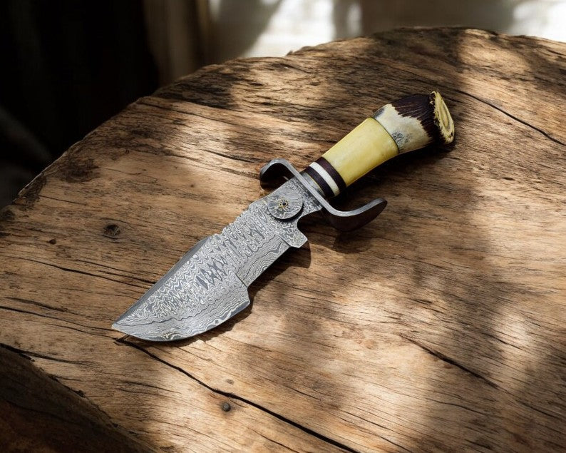 Custom Handmade Damascus Hunting Knife – Stag & Bone Handle Damascus Knife Store