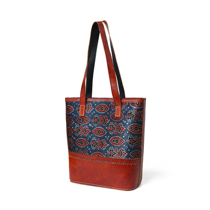 Neela Ajrakh Leather Tote Bag Classy Leather Bags