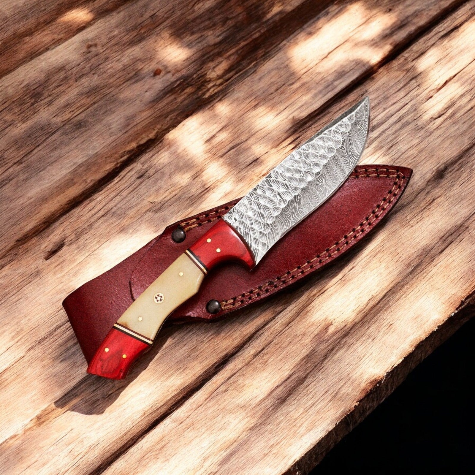 Handmade Damascus Hunting Knife – Bone & Wood Handle Damascus Knife Store