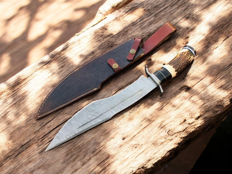 Handmade Damascus Bowie Knife with Antler Horn Handle Damascus Knife Store