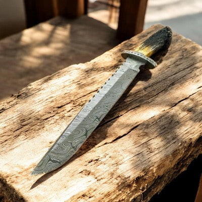 Handmade Damascus Bowie Knife with Bone Handle – 17.5" Damascus Knife Store