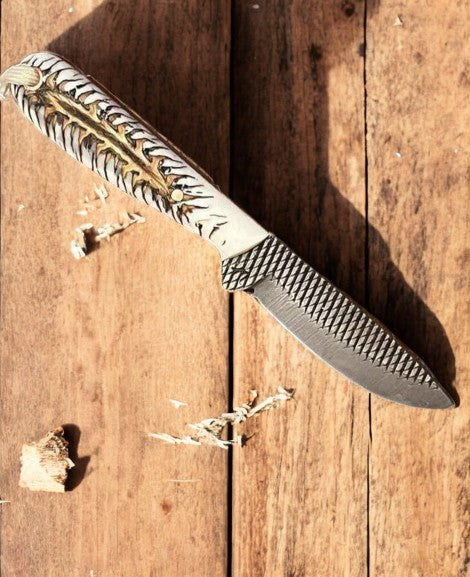 Handmade Cowboy Knife with Rasp Steel Blade & Pine Cone Handle Damascus Knife Store