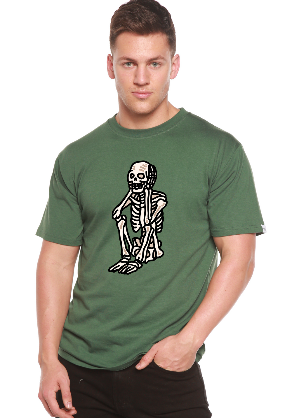 Sad Skeleton Halloween Unisex Bamboo Viscose/Organic Cotton Short Sleeve Graphic T-Shirt Spun Bamboo