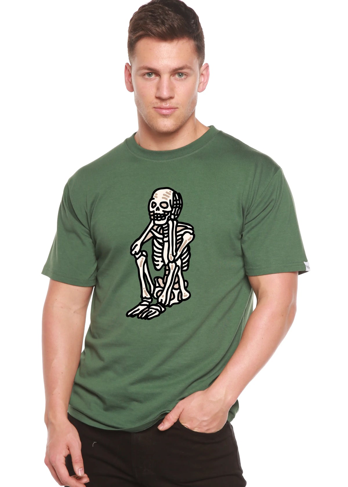 Sad Skeleton Halloween Unisex Bamboo Viscose/Organic Cotton Short Sleeve Graphic T-Shirt Spun Bamboo