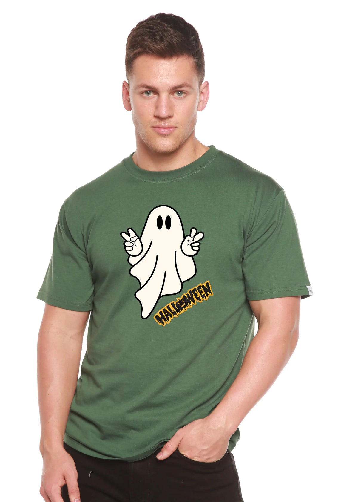 Halloween Ghost Unisex Bamboo Viscose/Organic Cotton Short Sleeve Graphic T-Shirt Spun Bamboo