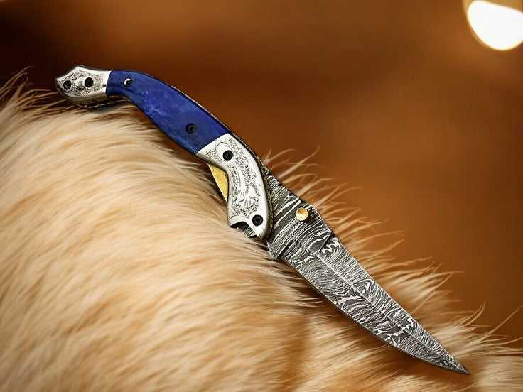 Handmade Damascus Pocket Knife – Blue Wood Handle Damascus Knife Store
