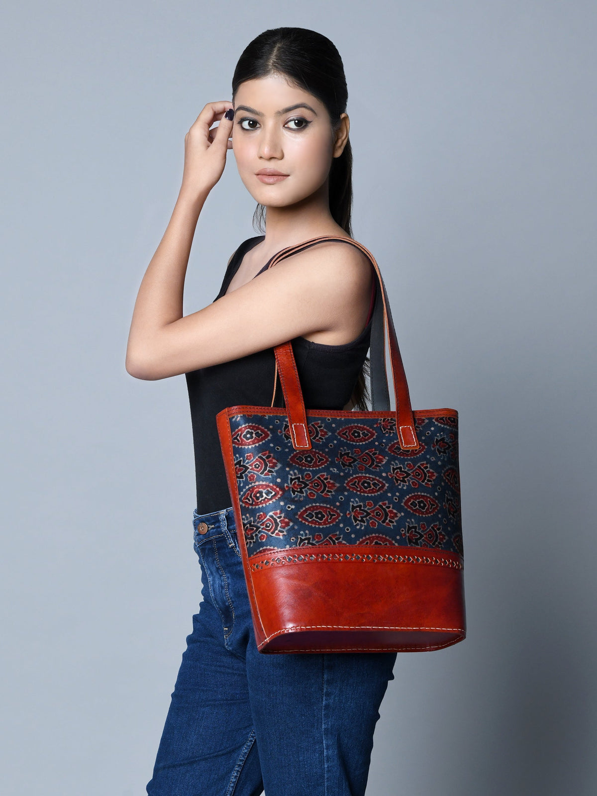 Neela Ajrakh Leather Tote Bag Classy Leather Bags