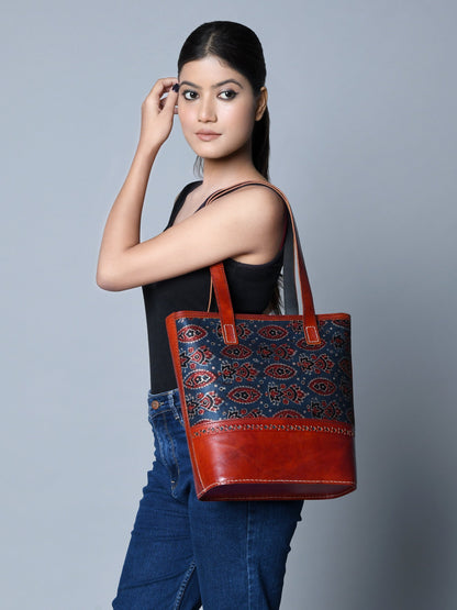 Neela Ajrakh Leather Tote Bag Classy Leather Bags