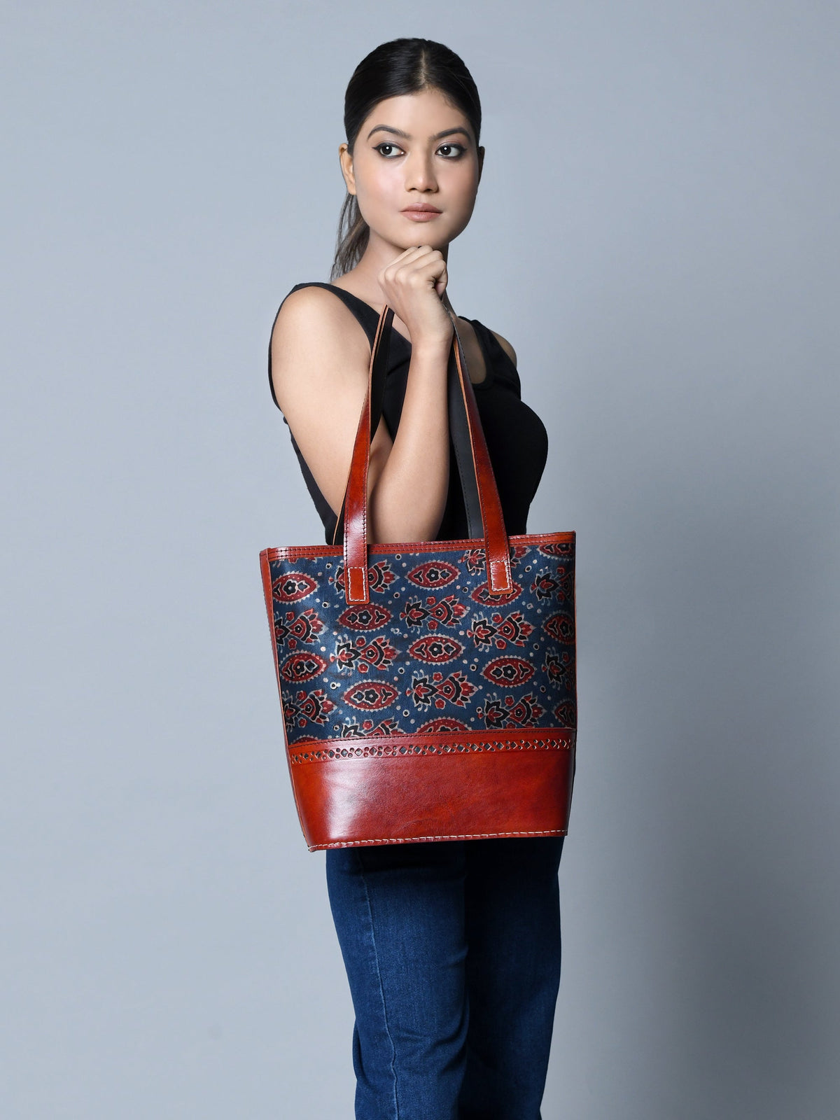 Neela Ajrakh Leather Tote Bag Classy Leather Bags