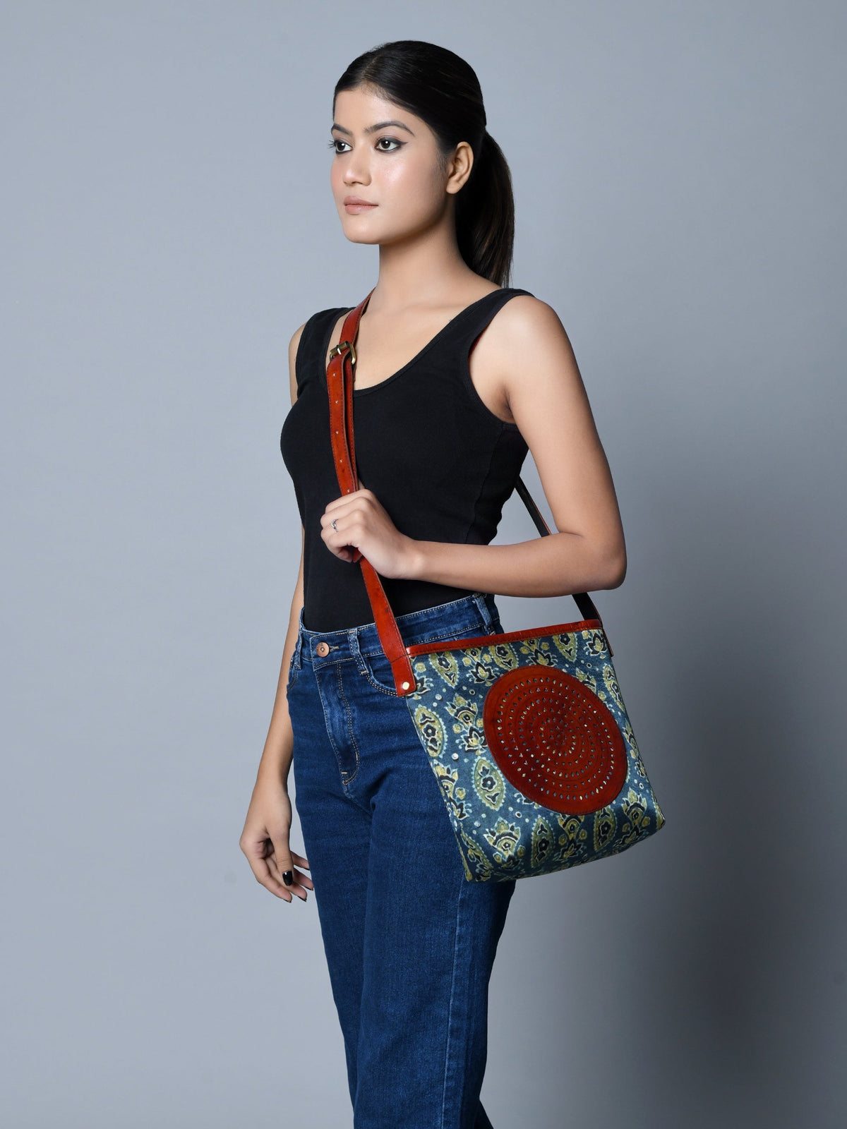 Neela Ajrakh Leather Tote Bag Classy Leather Bags