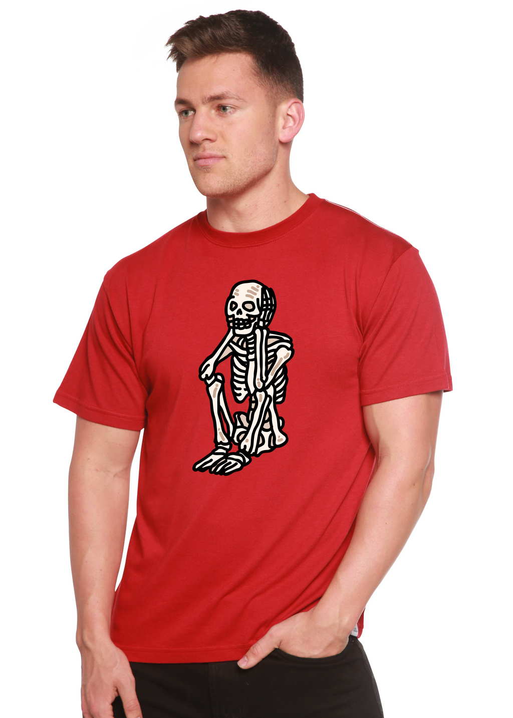 Sad Skeleton Halloween Unisex Bamboo Viscose/Organic Cotton Short Sleeve Graphic T-Shirt Spun Bamboo
