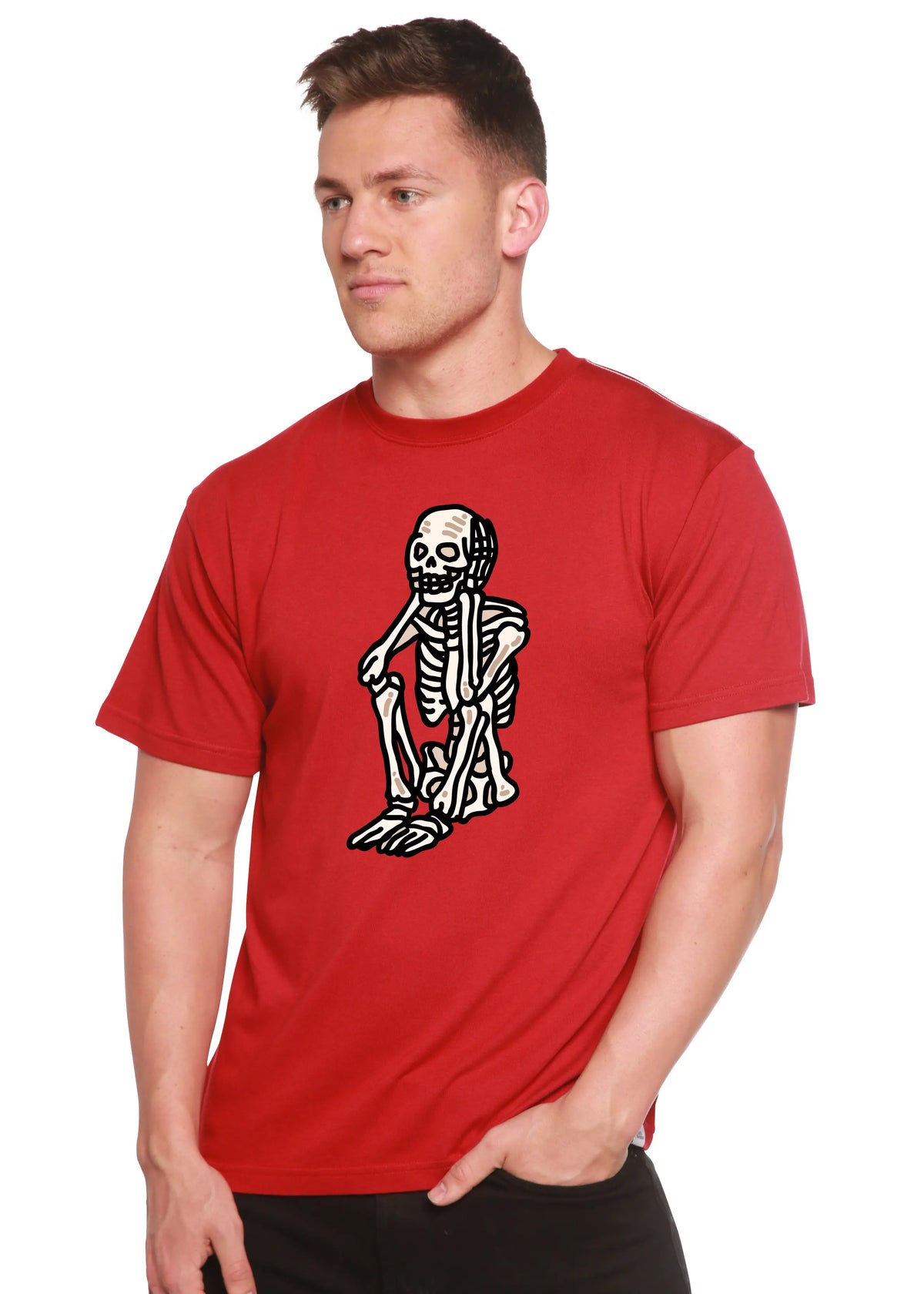 Sad Skeleton Halloween Unisex Bamboo Viscose/Organic Cotton Short Sleeve Graphic T-Shirt Spun Bamboo