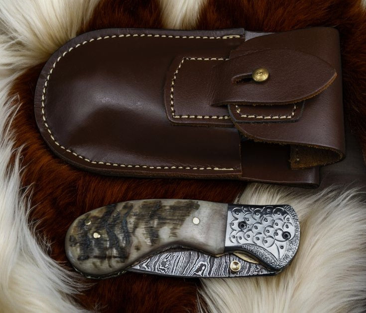 Custom Handmade Damascus Steel Pocket Knife – Sheep Horn Damascus Knife Store