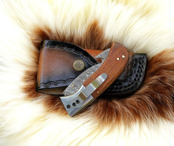 Handmade Damascus Steel Folding Knife with Rosewood Handle Damascus Knife Store