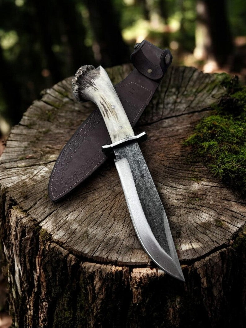 Handmade Bowie Knife – High Carbon Steel, Antler Handle Damascus Knife Store
