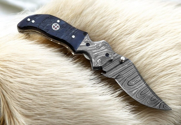 Custom Handmade Damascus Pocket Knife – Blue Pakka Wood Damascus Knife Store