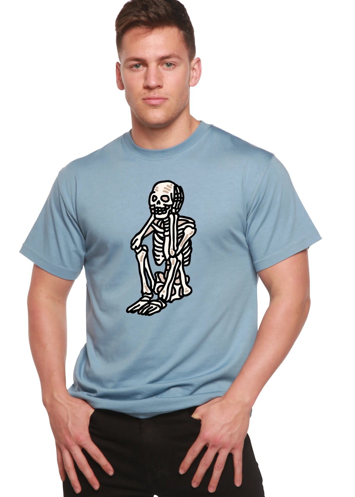 Sad Skeleton Halloween Unisex Bamboo Viscose/Organic Cotton Short Sleeve Graphic T-Shirt Spun Bamboo