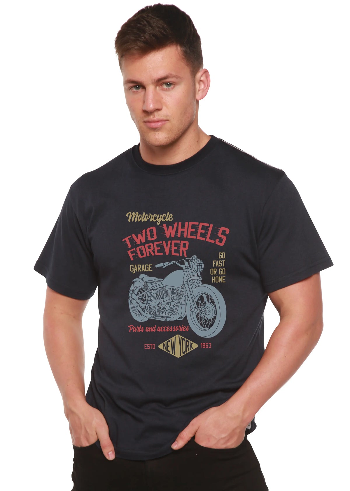 Two Wheels Forever Men's Bamboo Viscose/Organic Cotton Short Sleeve Graphic T-Shirt Spun Bamboo