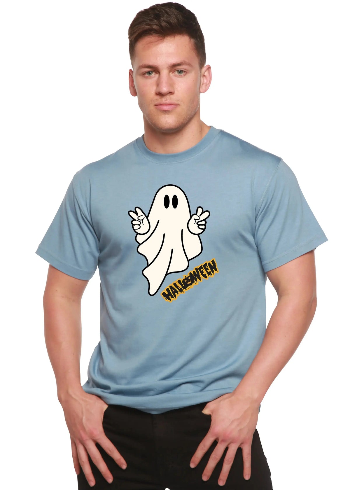 Halloween Ghost Unisex Bamboo Viscose/Organic Cotton Short Sleeve Graphic T-Shirt Spun Bamboo