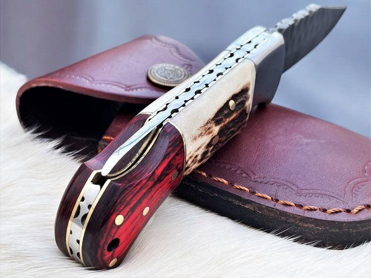 Handmade Damascus Pocket Knife – Stag & Pakka Wood Damascus Knife Store
