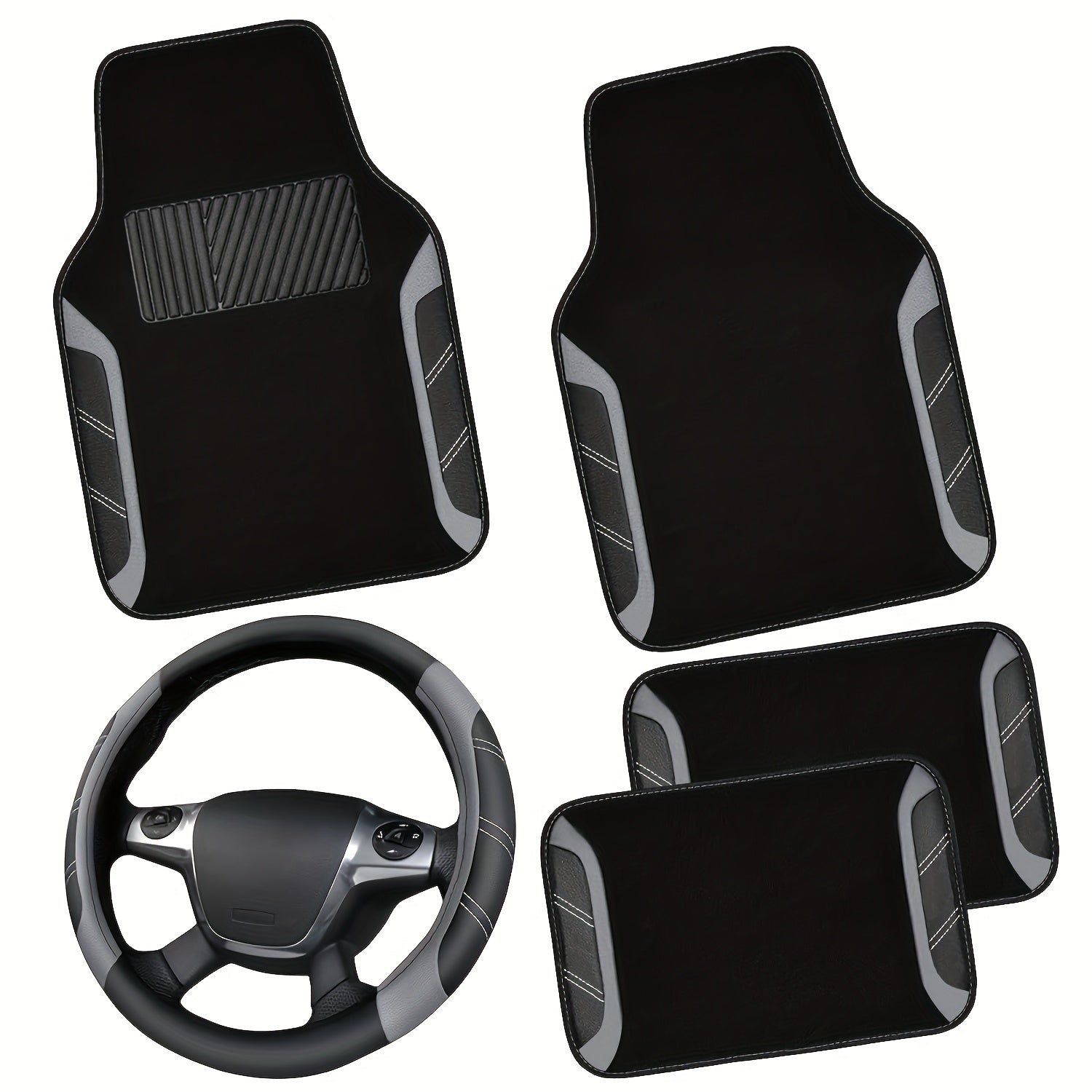 Steering Wheel Cover And Waterproof Car Floor Mats, Microfiber Universal Car Combo Fit for 95% Sedan, SUV, Cars, 14.5-15inch Sporty Anti-Slip Safety Comfortable Design Shore Co. Shop