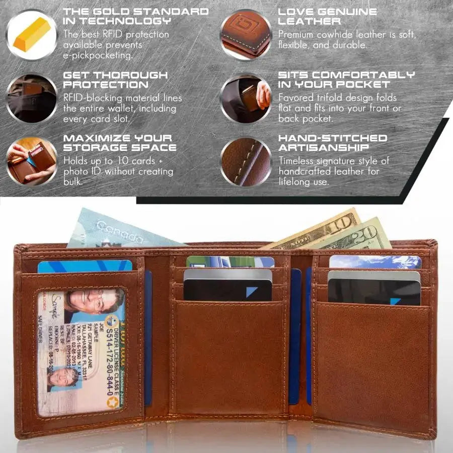 Mens RFID Wallet - Extra Capacity Trifold 7 slot with ID Window ID Stronghold
