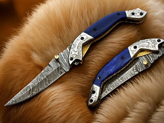 Handmade Damascus Pocket Knife – Blue Wood Handle Damascus Knife Store
