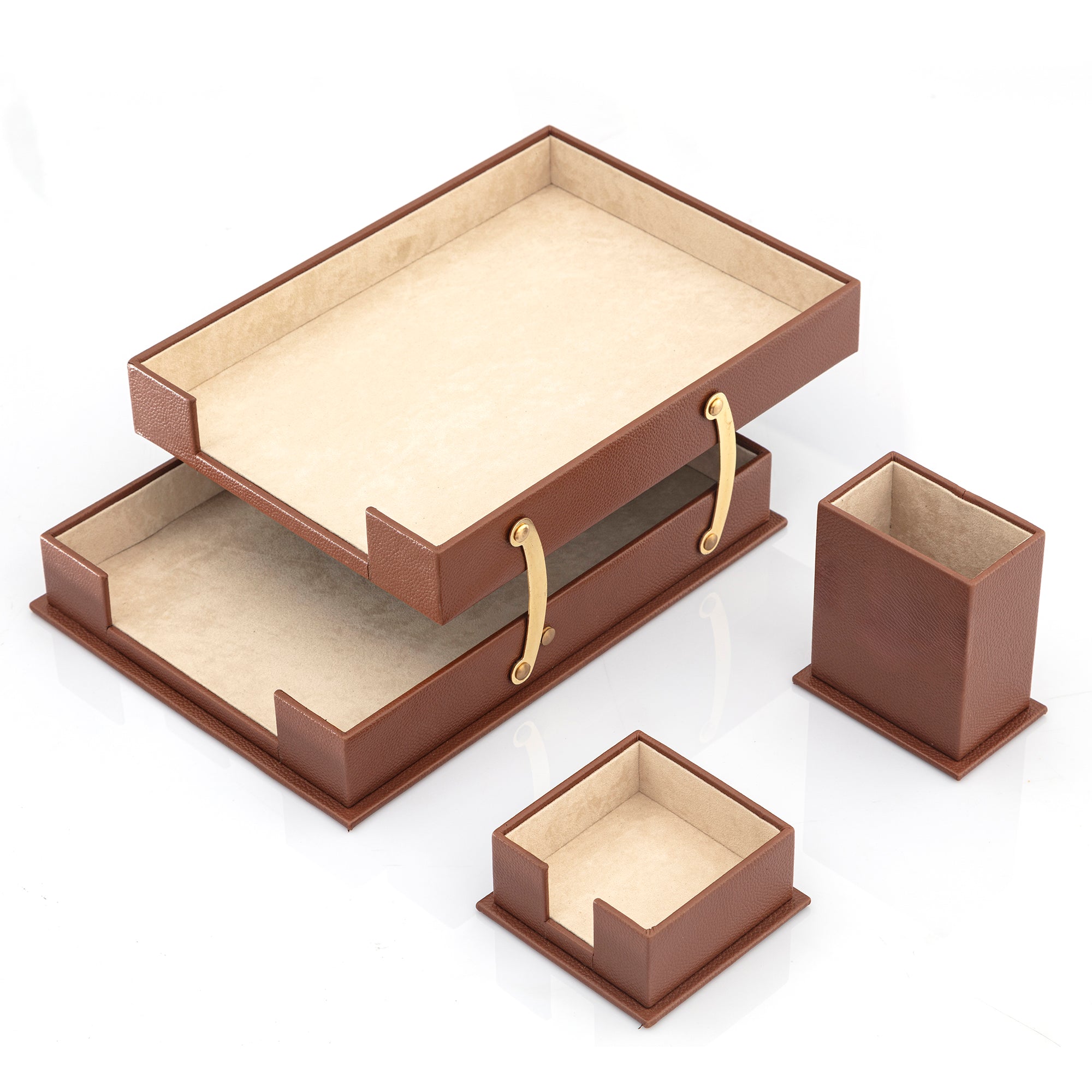 MOOG Leather Desk Set-3 Accessories-Double Document Tray - Tan - 3 PCS Moogdesk
