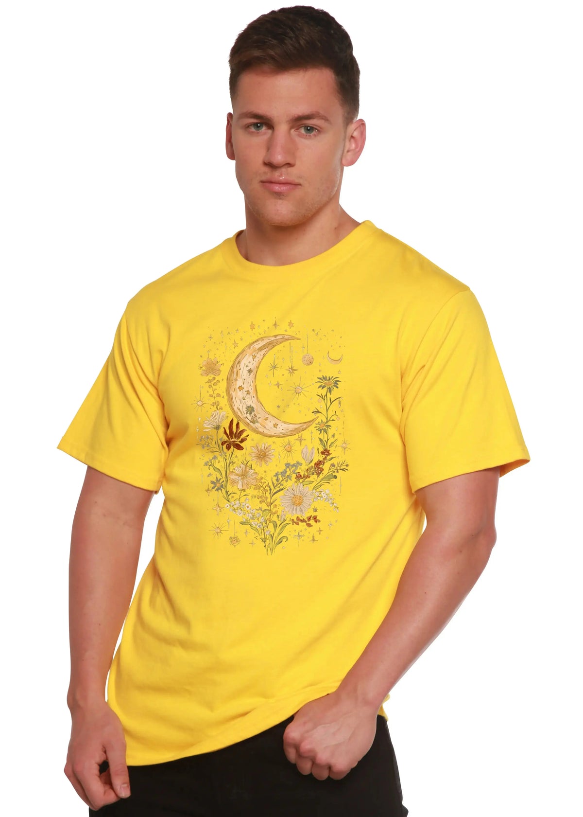 Celestial Moon Boho Flowers Vintage Unisex Bamboo/Cotton Graphic T-Shirt Spun Bamboo
