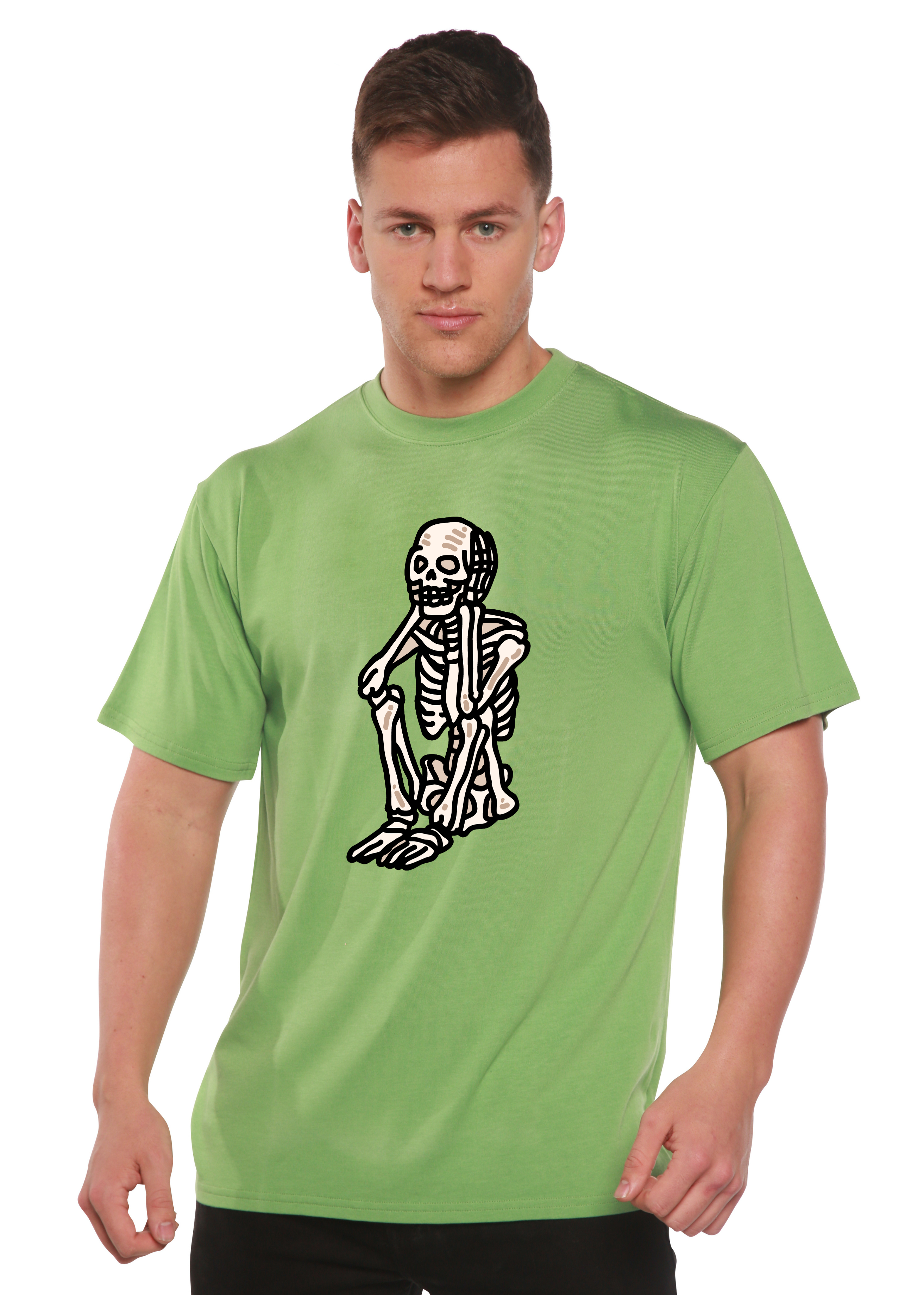 Sad Skeleton Halloween Unisex Bamboo Viscose/Organic Cotton Short Sleeve Graphic T-Shirt Spun Bamboo