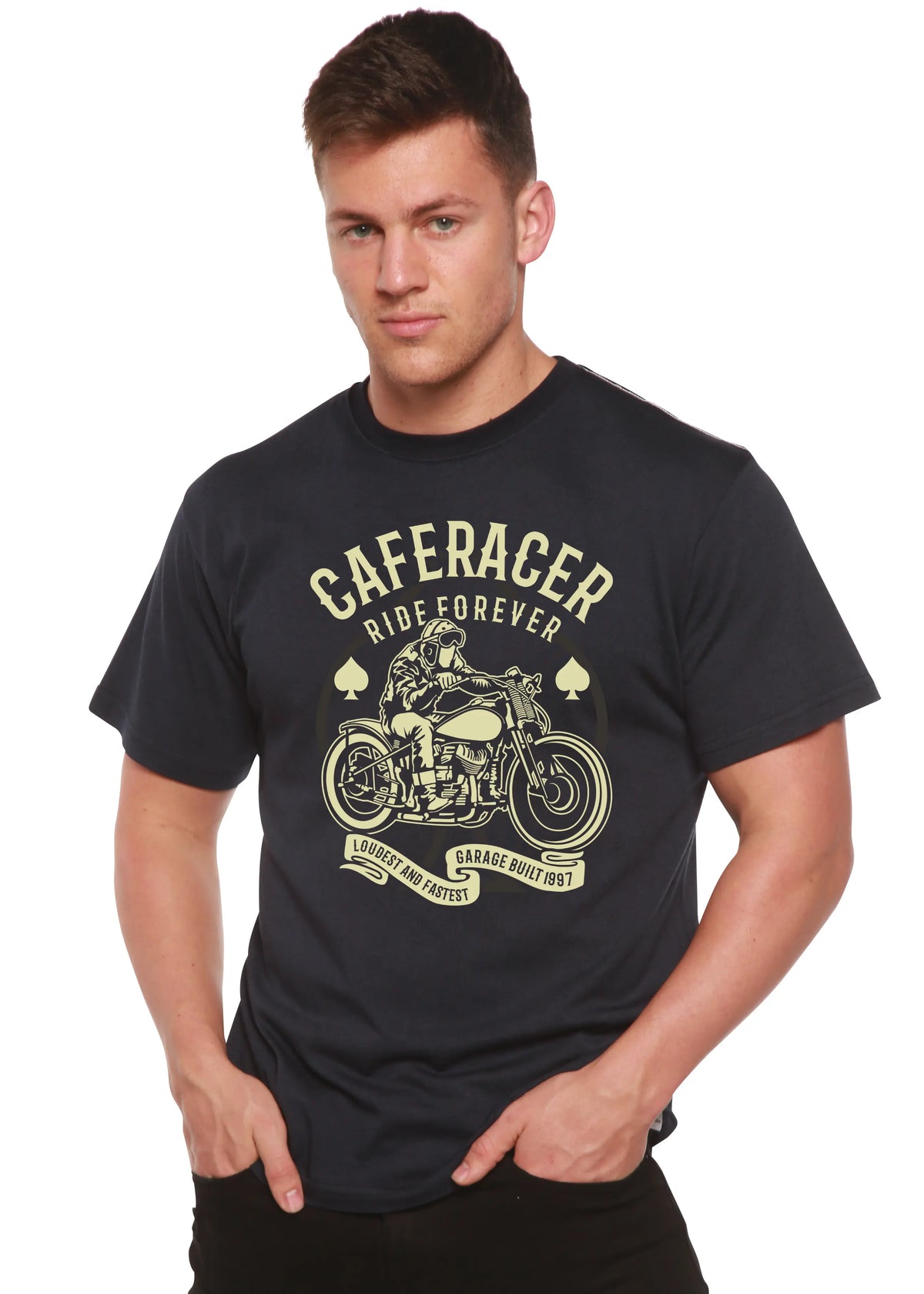 Caferacer Ride Forever Men's Bamboo Viscose/Organic Cotton Short Sleeve Graphic T-Shirt Spun Bamboo