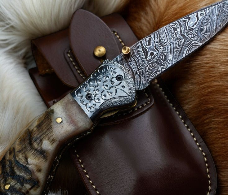 Custom Handmade Damascus Steel Pocket Knife – Sheep Horn Damascus Knife Store