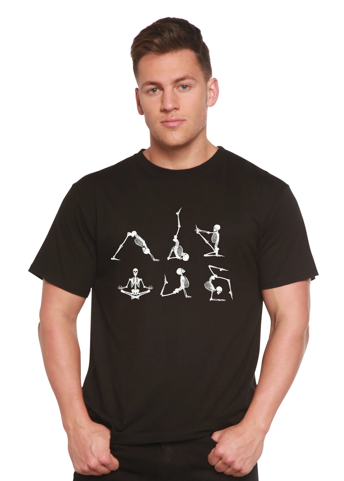 Halloween Skeleton Namaste Men's Bamboo Viscose/Organic Cotton Short Sleeve Graphic T-Shirt Spun Bamboo