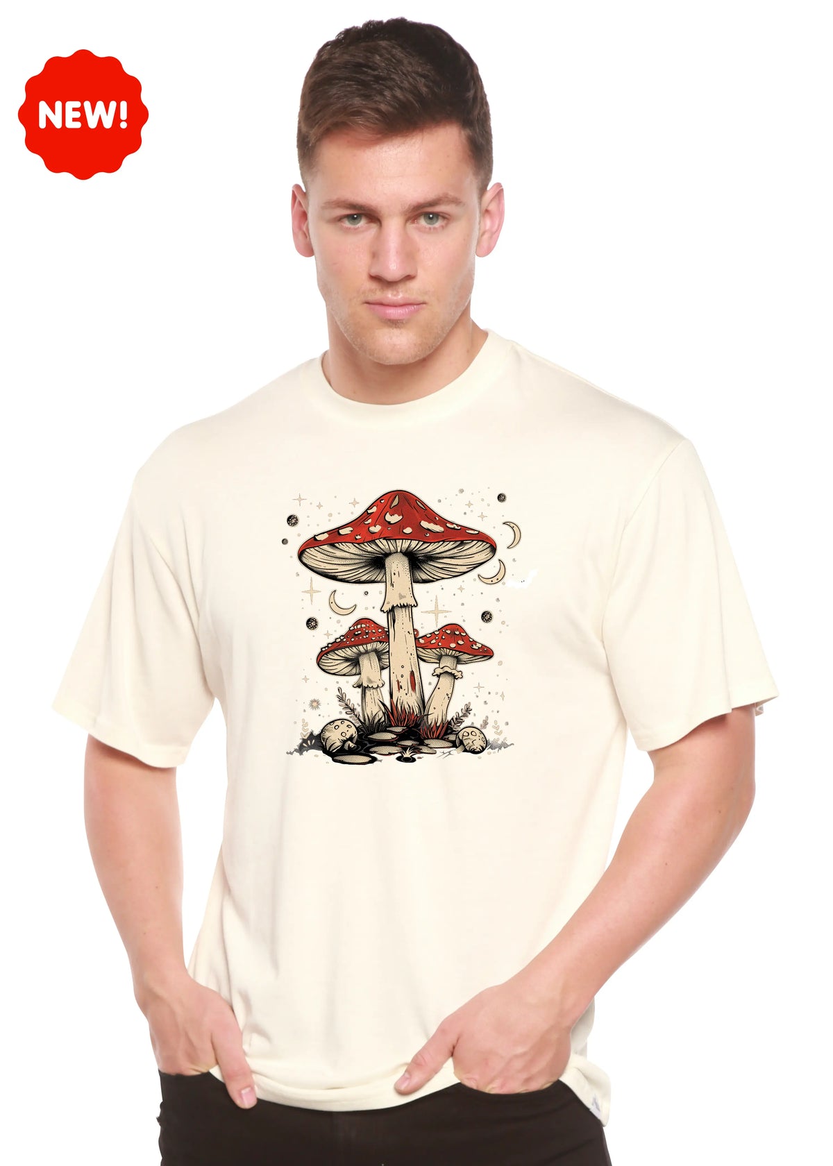 Boho Retro Hippie Mushrooms Natural Unisex Bamboo/Cotton Graphic T-Shirt Spun Bamboo
