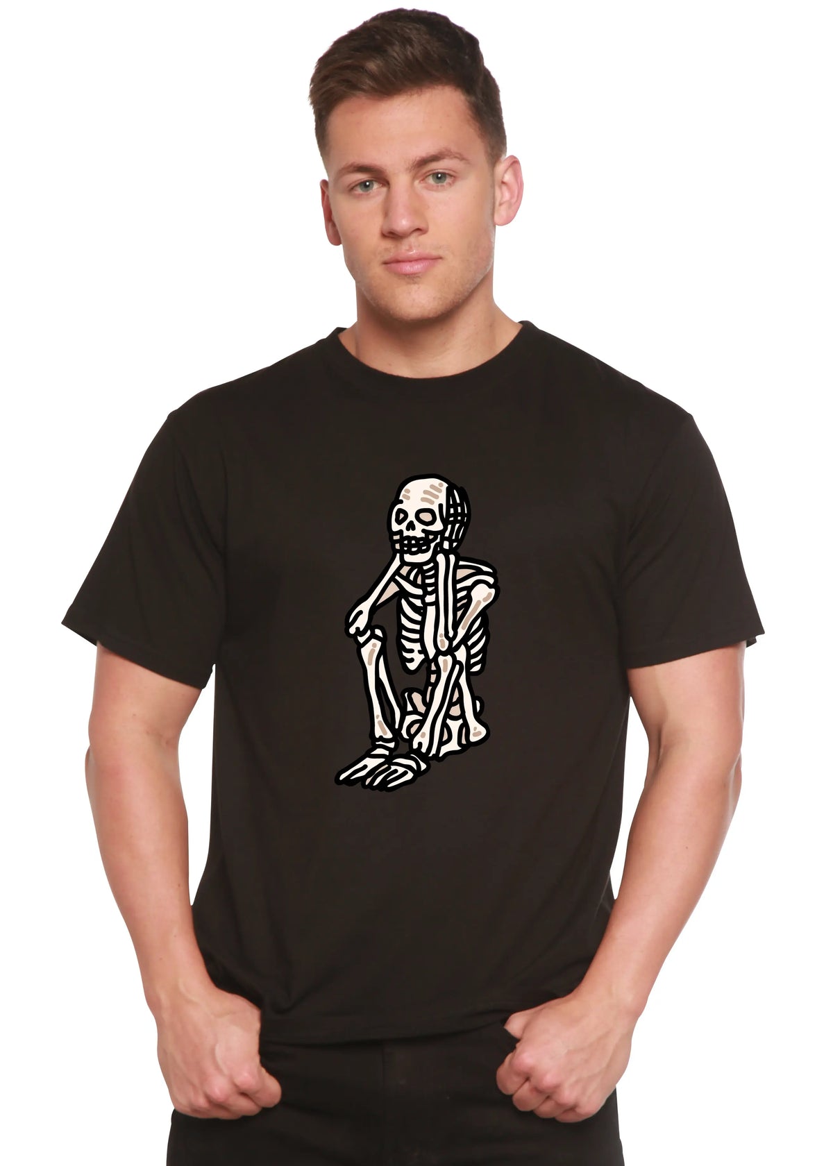Sad Skeleton Halloween Unisex Bamboo Viscose/Organic Cotton Short Sleeve Graphic T-Shirt Spun Bamboo