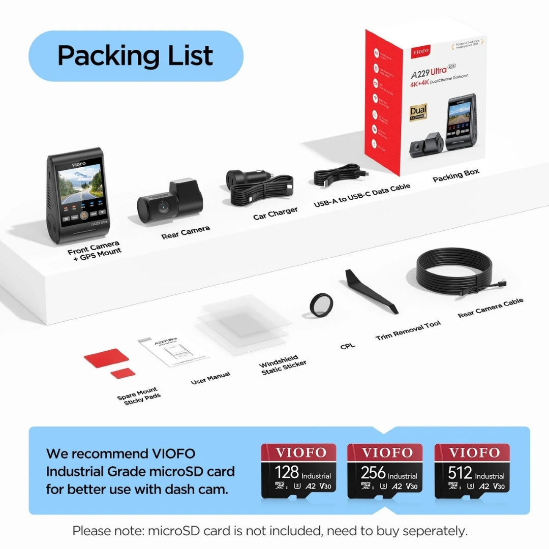 VIOFO A229 Ultra 4K+4K 2-Channel 30FPS UHD Dash Cam BlackboxMyCar
