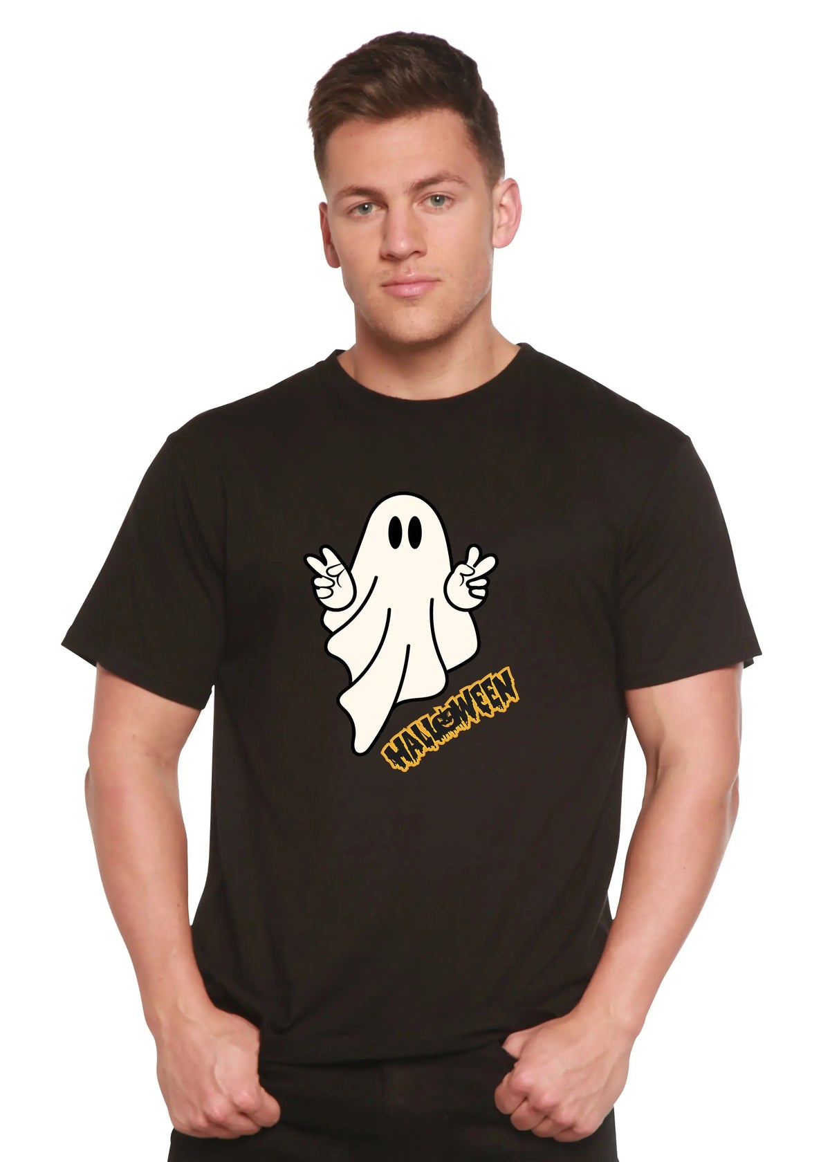 Halloween Ghost Unisex Bamboo Viscose/Organic Cotton Short Sleeve Graphic T-Shirt Spun Bamboo