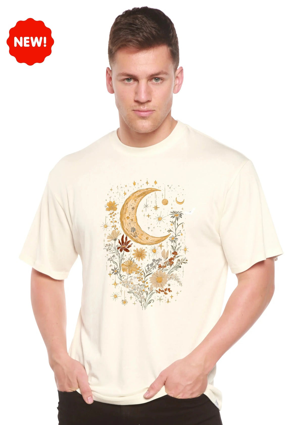 Celestial Moon Boho Flowers Vintage Unisex Bamboo/Cotton Graphic T-Shirt Spun Bamboo