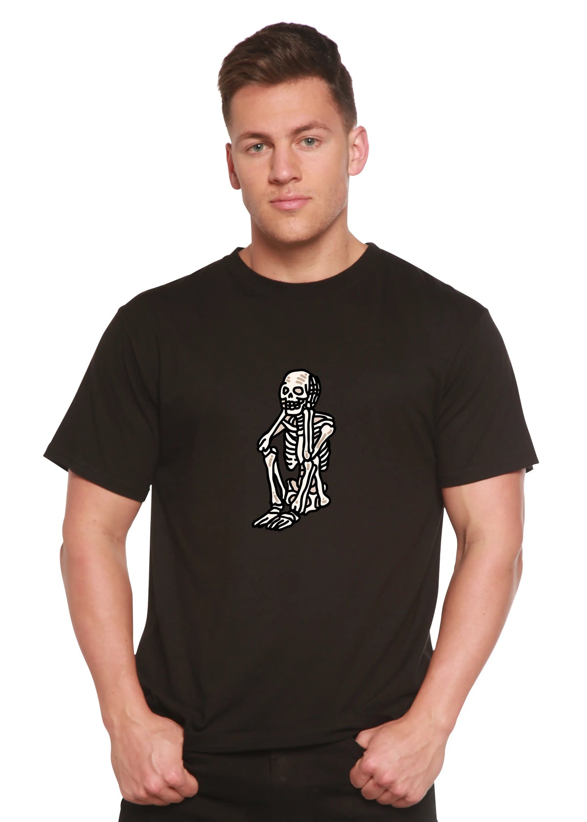 Sad Skeleton Halloween Unisex Bamboo Viscose/Organic Cotton Short Sleeve Graphic T-Shirt Spun Bamboo