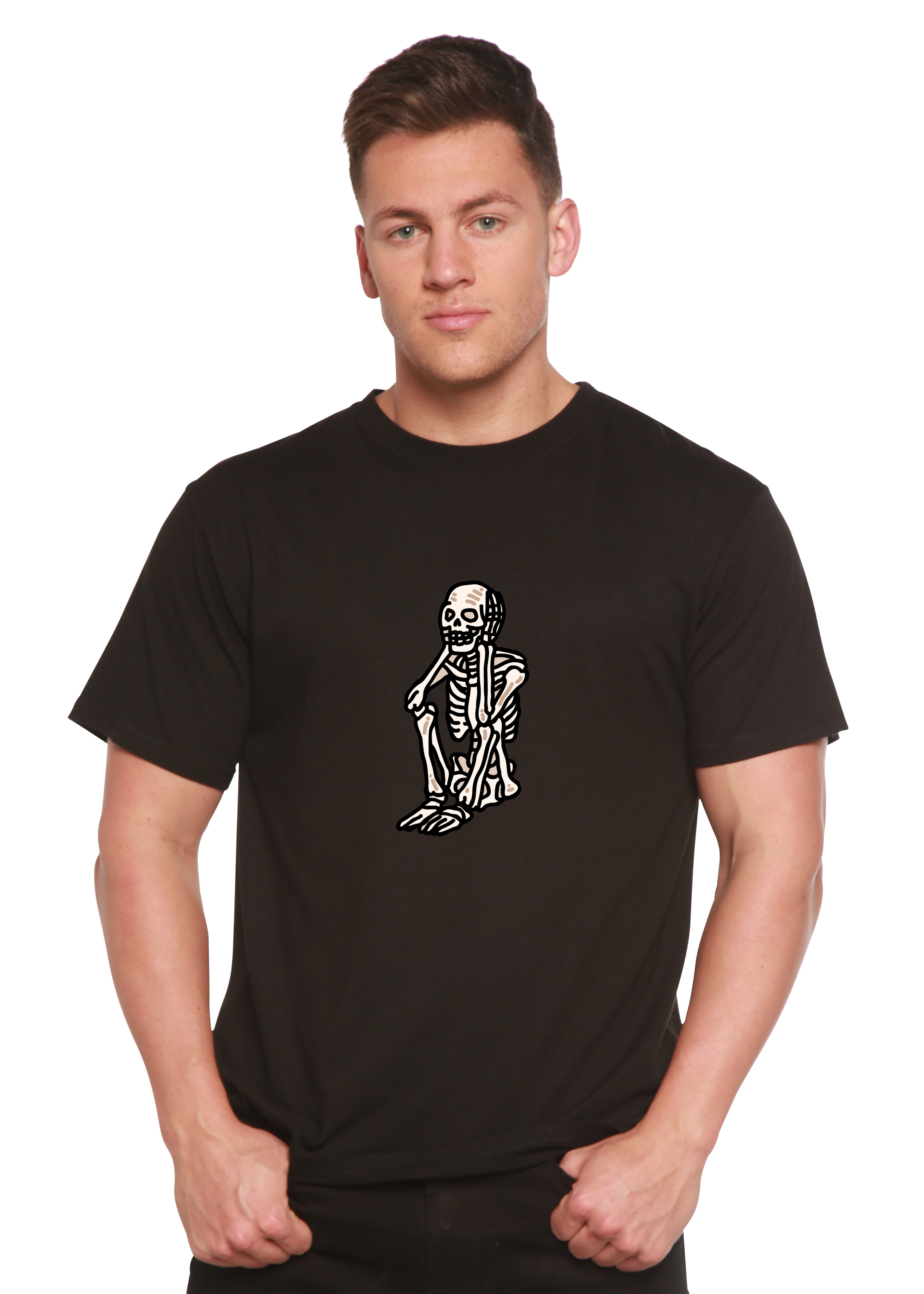 Sad Skeleton Halloween Unisex Bamboo Viscose/Organic Cotton Short Sleeve Graphic T-Shirt Spun Bamboo