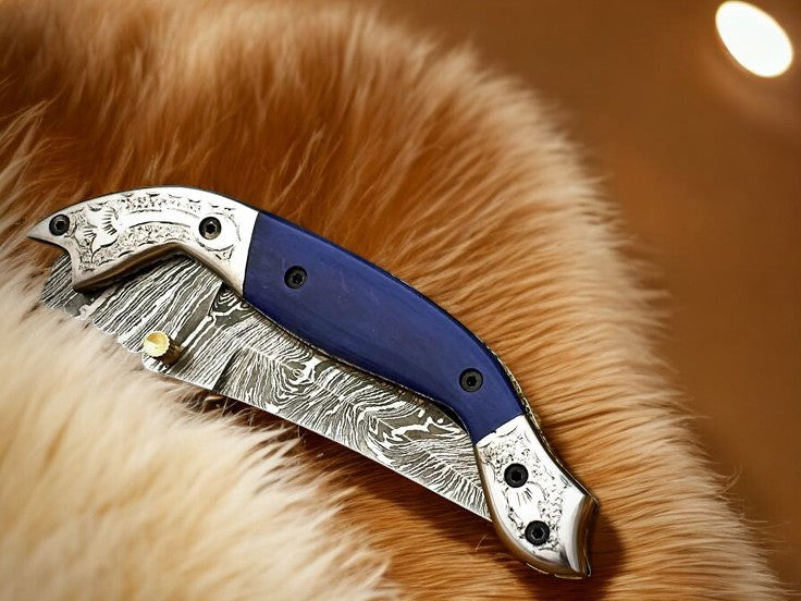 Handmade Damascus Pocket Knife – Blue Wood Handle Damascus Knife Store