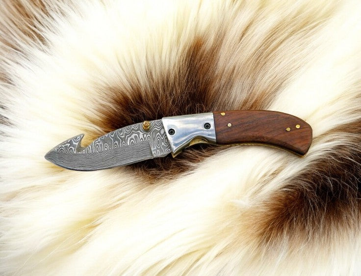 Handmade Damascus Steel Folding Knife with Rosewood Handle Damascus Knife Store