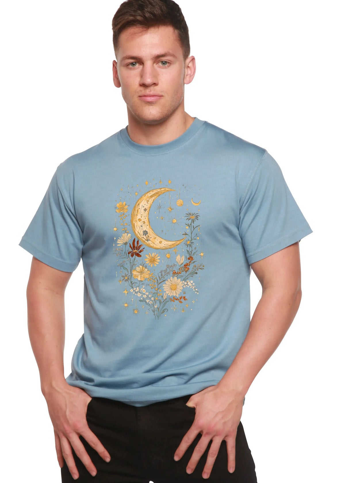 Celestial Moon Boho Flowers Vintage Unisex Bamboo/Cotton Graphic T-Shirt Spun Bamboo