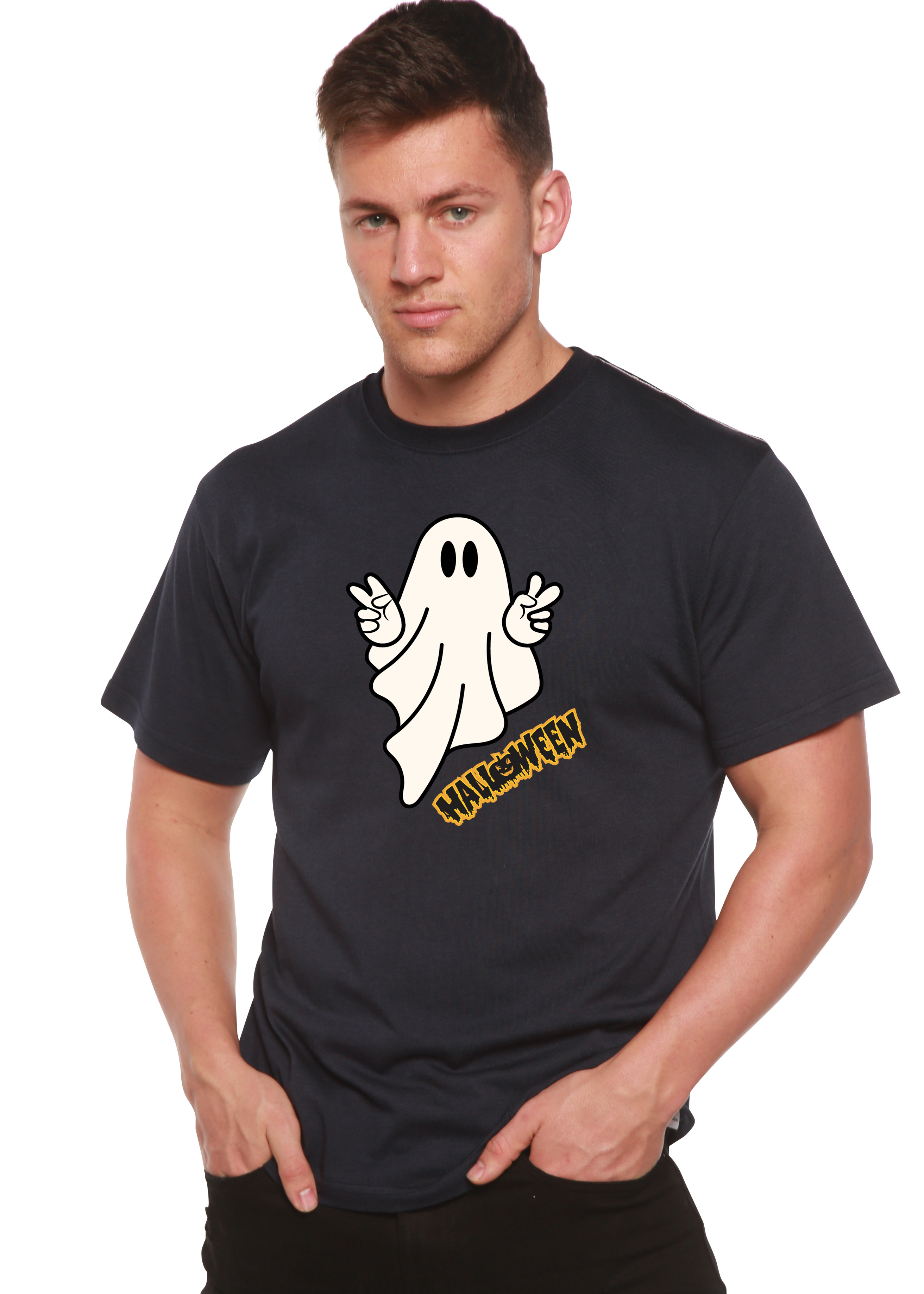 Halloween Ghost Unisex Bamboo Viscose/Organic Cotton Short Sleeve Graphic T-Shirt Spun Bamboo