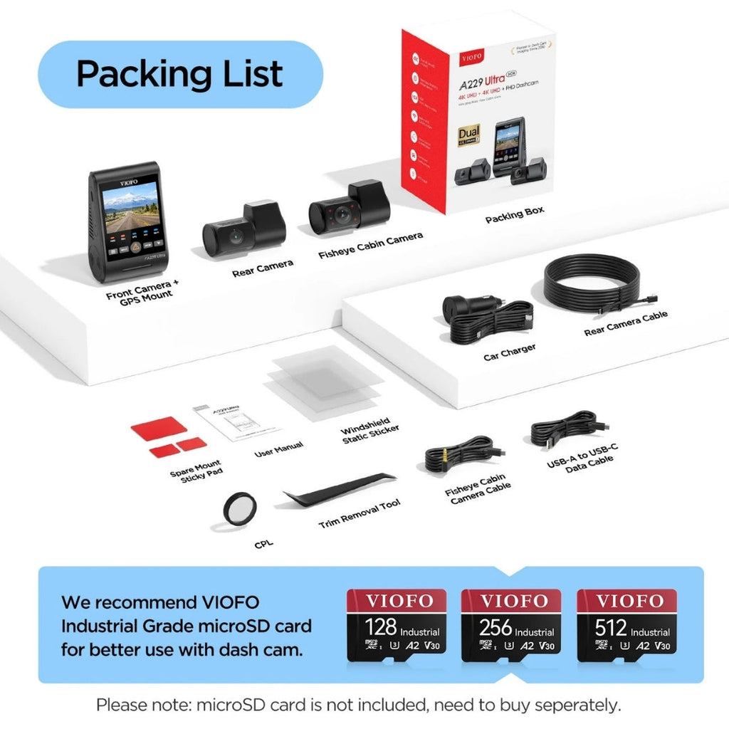 VIOFO A229 Ultra 4K+4K+1080p 3-Channel 30FPS UHD Dash Cam BlackboxMyCar