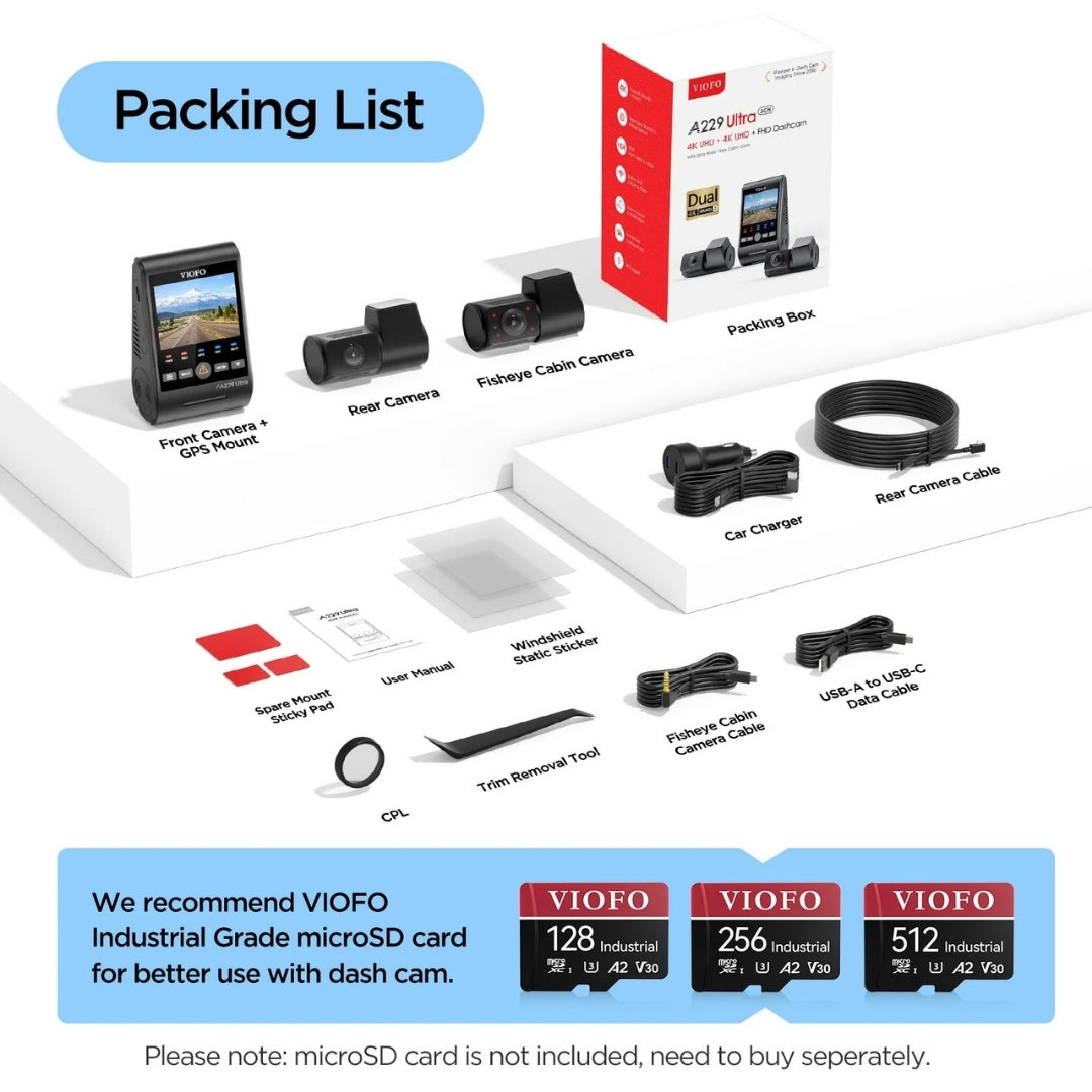VIOFO A229 Ultra 4K+4K+1080p 3-Channel 30FPS UHD Dash Cam BlackboxMyCar