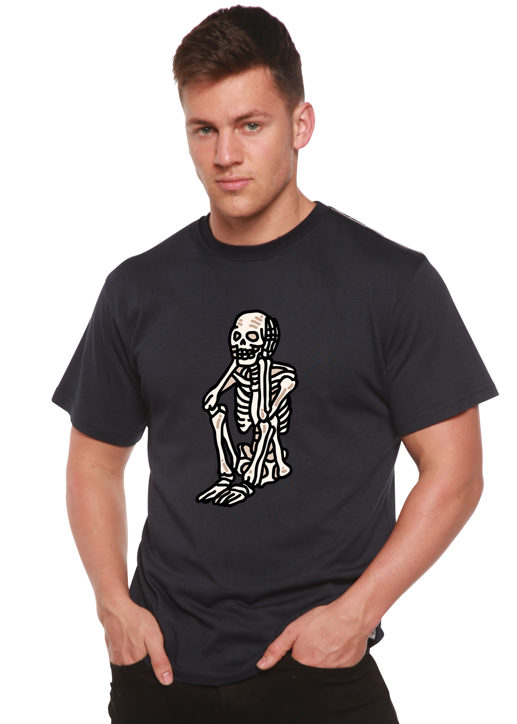 Sad Skeleton Halloween Unisex Bamboo Viscose/Organic Cotton Short Sleeve Graphic T-Shirt Spun Bamboo